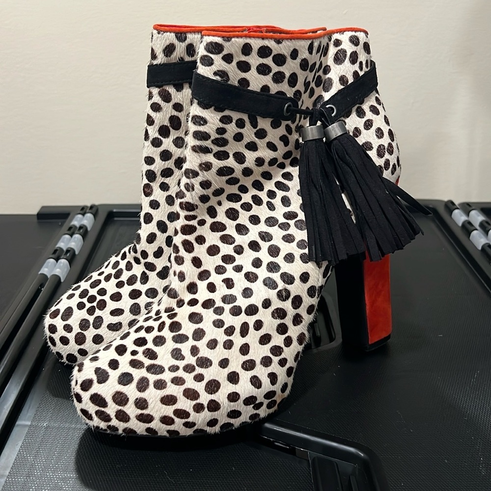 BeBe Leopard Print Heeled Side Zippered Booties with Red Heels and Tassels